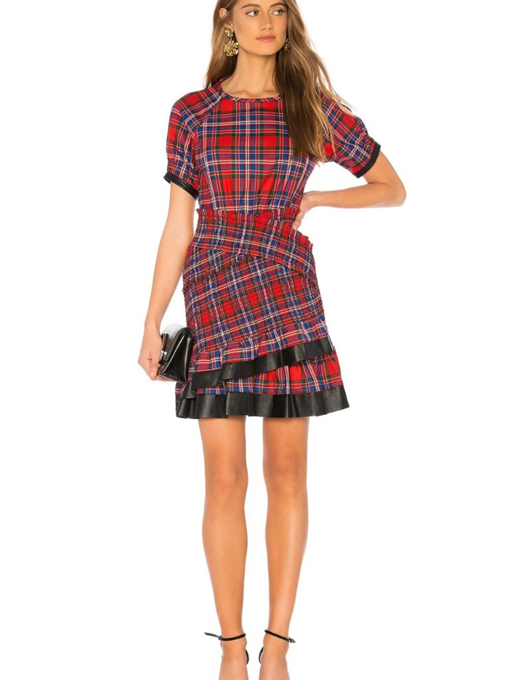 Tanya Taylor Nicole Red Blue Plaid Leather Trim Mini Dress